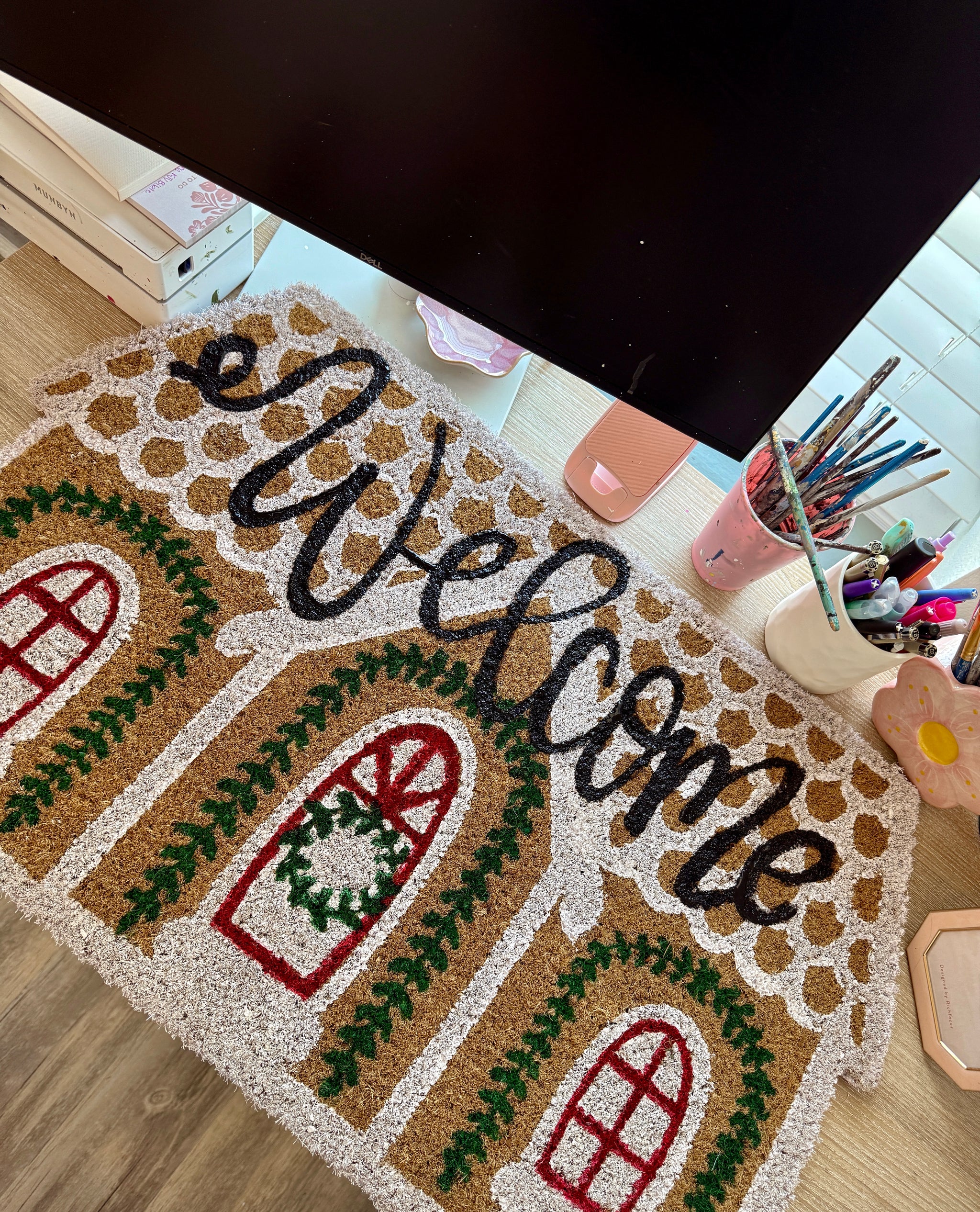 Custom Gingerbread House Christmas Doormat, Handpainted Custom