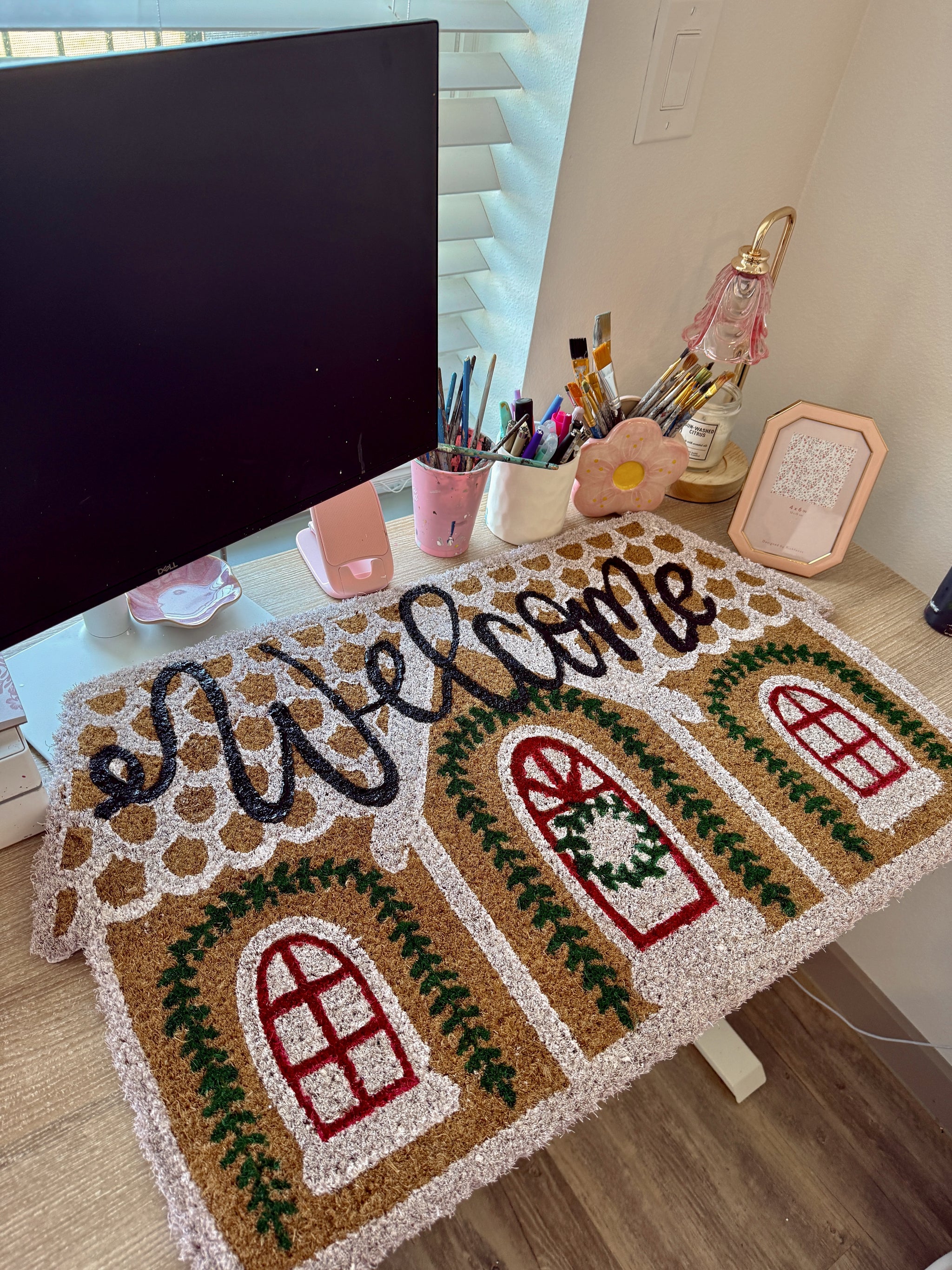 Custom Gingerbread House Christmas Doormat, Handpainted Custom